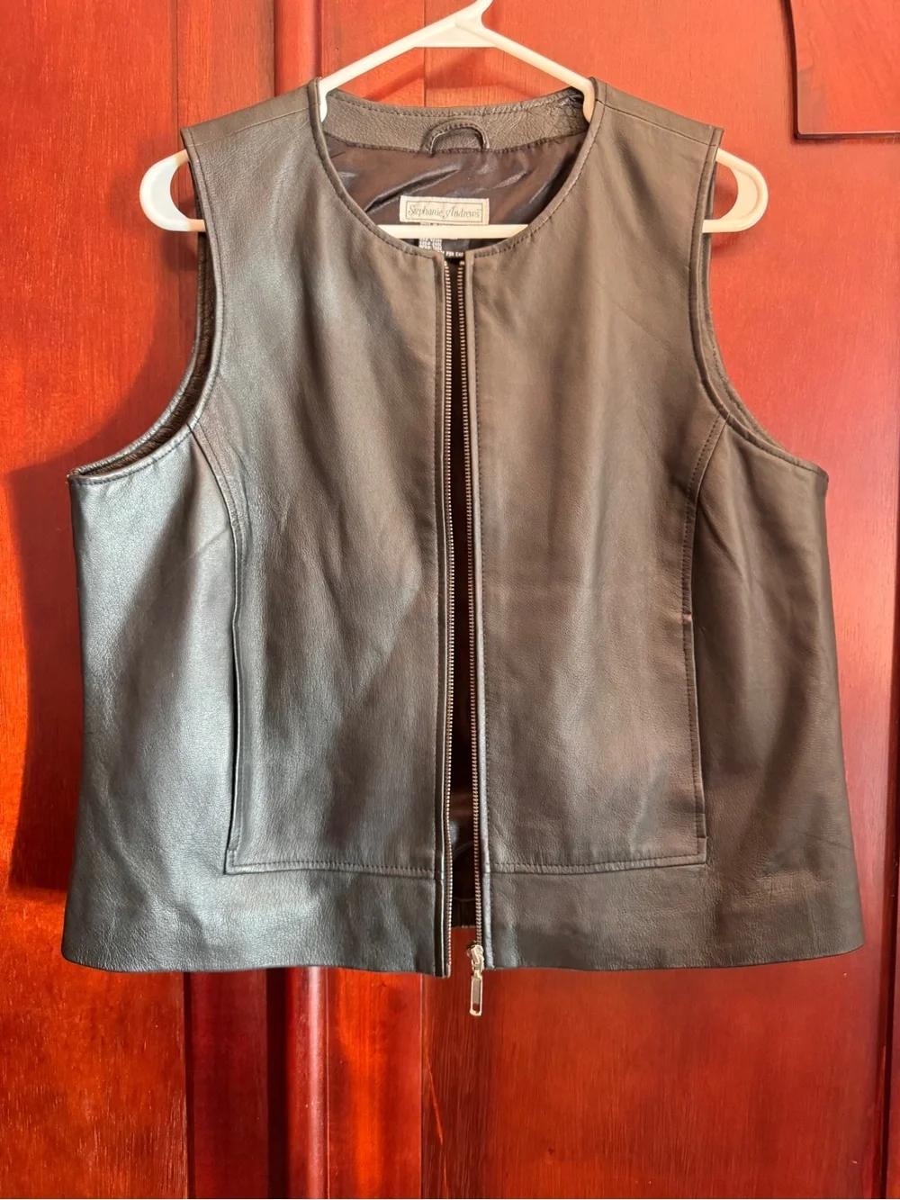 Vintage Stephanie Andrews Black Leather Zip Front Vest Large 90s